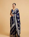 Indigo Blue Bel Patterned Saree with Intricate Floral Borders